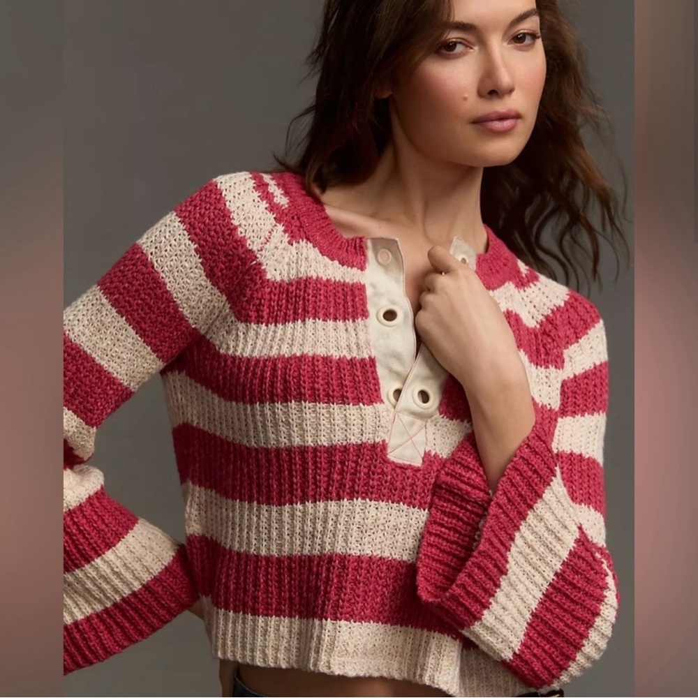 NWT Anthropologie Pilcro Bell-Sleeve Henley Sweater | Striped Knit | XL 1X